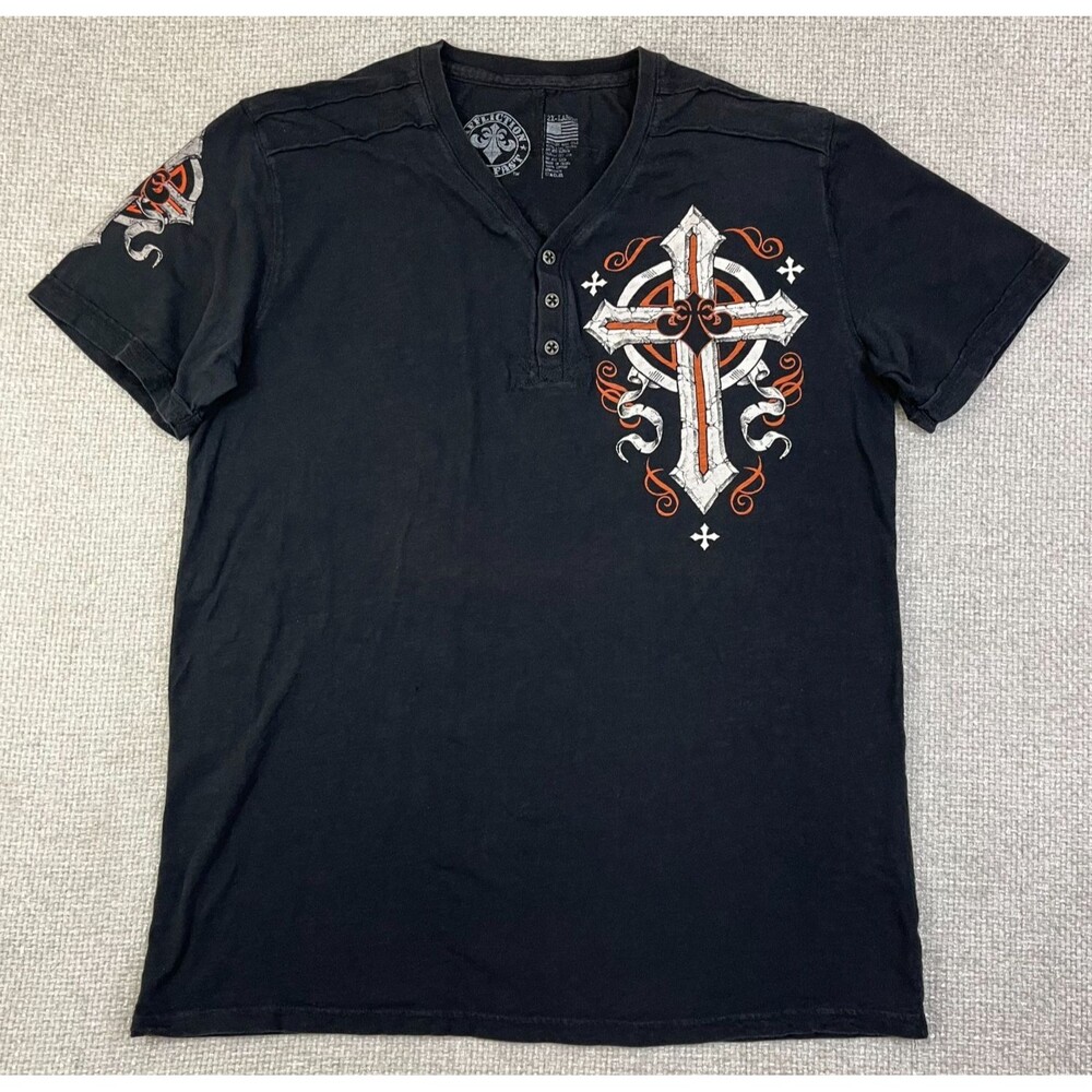 Affliction Henley T-Shirt Men’s 2XL Black Short Sleeve Cross Cotton
